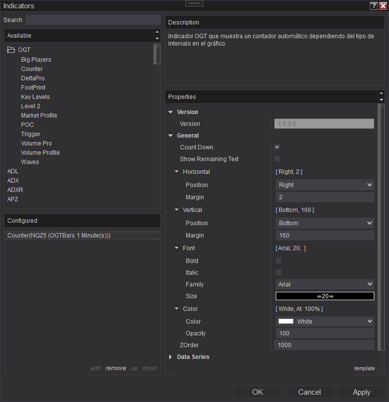 OGT Counter - Parámetros de configuración